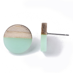 樹脂と木のスタッドピアス  304ステンレスピン付き  フラットラウンド  アクアマリン  15mm  ピン：0.7mm&nbsp;EJEW-N017-003A-C02