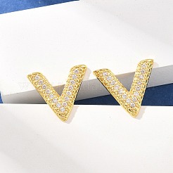 真鍮製マイクロパヴェキュービックジルコニアスタッドピアス  V字  18KGP本金メッキ  14.5x17mm&nbsp;KK-Z166-03G