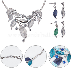 2セット2色の合金エナメルリーフダングルスタッドピアスとビブネックレス  女性のためのジュエリーセット  ミックスカラー  37.5x9mm  470mm  1セット/色&nbsp;SJEW-AN0001-49