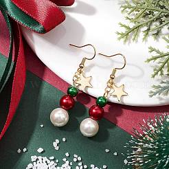 クリスマス ラウンド ガラス & シェル パール ダングル イヤリング  女性用スター真鍮イヤリング  ゴールドカラー  50x10mm&nbsp;EJEW-TA00506