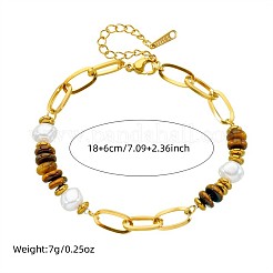 304ステンレススチール製ペーパークリップチェーン、天然タイガーアイロンデルビーズブレスレット（女性用）  模造パールと  ホワイト  ゴールドカラー  7.09インチ（18cm）&nbsp;WGDB3B0-01