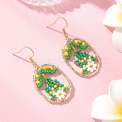 楕円形のガラスの花のダングルイヤリング  合金と304ステンレススチールのピアスフック付き  ゴールドカラー  きいろ  47x21.5mm&nbsp;EJEW-MZ00627-03