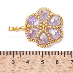 シードビーズとガラスビーズのペンダント  花のチャーム  真鍮のベイルと  多面カット  ライラック  27~28x27~28x8mm  穴：4x4mm&nbsp;PALLOY-MZ01299-02