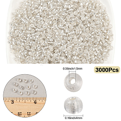 3000個のガラスシードビーズ  銀並ぶ丸い穴  丸い小さなビーズ  ホワイト  4mm  穴：1.5mm&nbsp;SEED-PA0001-04B-02