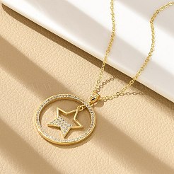 真鍮マイクロパヴェクリアキュービックジルコニアリングペンダントネックレス  18KGP本金メッキ  スター  16.93インチ（43cm）&nbsp;LS-NJEW-P322-A01-G