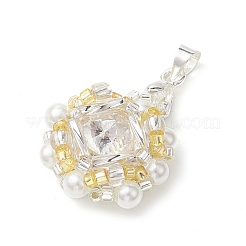 ガラスラインストーン3個とアクリルパールペンダント  花  銀  ミックスカラー  29x20x8mm  穴：3.5x4mm  3個/セット&nbsp;PALLOY-MZ00251