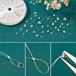 真鍮と鉄のクリンプビーズとクリンプビーズカバーセット  銀色のメッキ  クリンプビーズ：1.2~3x1.5~3mm  穴：0.5~2.5mm  ビーズカバー：3~5x5~5x2.5~5mm  穴：1.2~1.8mm  約1665個/箱&nbsp;KK-PH0003-99