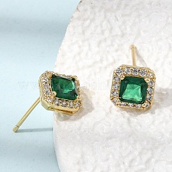 真鍮製マイクロパヴェキュービックジルコニアスタッドピアス  正方形  ラックめっき  長持ちメッキ  カドミウムフリー＆鉛フリー  18KGP本金メッキ  8x8mm&nbsp;EJEW-G471-06G