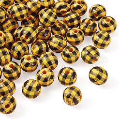 天然木製ビーズ  チェック柄ビーズ  タータン模様  ラウンド  きいろ  5/8インチ（16mm）  穴：4mm&nbsp;WOOD-TAC0010-05M