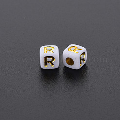不透明な白いアクリルビーズ  ライン入り  文字でキューブ  文字.r  4.5mm  穴：2mm  約5000個/500g&nbsp;MACR-Q242-010R