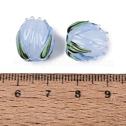 手作りランプワークビーズ  葉付きチューリップ  コーンフラワーブルー  13~15x12~14x12~14mm  穴：1~1.6mm&nbsp;LAMP-Q039-18D