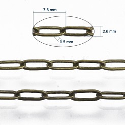 真鍮のペーパークリップチェーン  フラットオーバル  描かれた細長いアズキチェーン  ハンダ付け  スプールで  カドミウムフリー＆ニッケルフリー＆鉛フリー  アンティークブロンズ  7.6x2.6x0.5mm  約301.83フィート（92m）/ロール&nbsp;CHC-S008-001D-AB