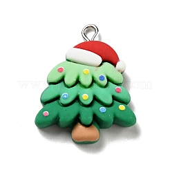 クリスマスの不透明な樹脂ペンダント  プラチナトーンの鉄ループ付き  帽子チャーム付きのクリスマスツリー  シーグリーン  28.5x22x6.5mm  穴：2x2.8mm&nbsp;X-RESI-G043-B03