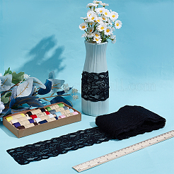 ポリエステル弾性花レーストリム生地  Diy 装飾服縫製アップリケ生地  ブラック  3-1/8インチ（80mm）  約10ヤード/個&nbsp;DIY-WH0632-94A