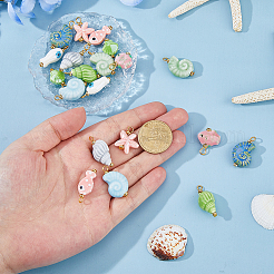20個 10スタイルの手作り磁器ペンダント  貝殻/魚/ヒトデ  黄金色の鉄のループ  ミックスカラー  20~29mm  穴：2.5~3.5mm  2個/スタイル&nbsp;PALLOY-HS00033