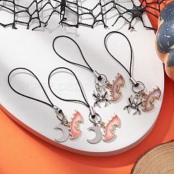合金エナメル携帯ストラップ  ナイロンコードモバイルアクセサリー装飾  コウモリとクモと月  ミックスカラー  83mm  4個/セット&nbsp;HJEW-JM01076