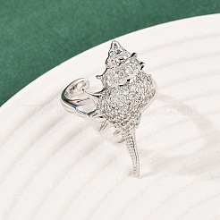 真鍮マイクロパヴェキュービックジルコニアカフスリング  プラチナ  シェル形状  30.5x15mm&nbsp;RJEW-P167-02C-P