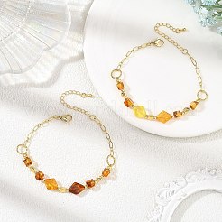 天然琥珀ビーズと真鍮フィガロチェーンを使用した女性用ブレスレット  ゴールドカラー  7.36インチ（18.7cm）&nbsp;BJEW-JB14412