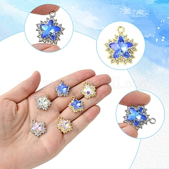 6個6色ラックメッキ合金、ラインストーンペンダント付き  スター  白金/ゴールデン  ミックスカラー  20x17x6mm  穴：2mm  1個/カラー&nbsp;FIND-FS0002-54