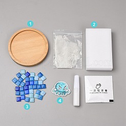 DIYモザイクコースター作成キット  白いラテックス接着剤  掃除用スポンジと使い捨て手袋  竹のカップマットとガラスモザイクタイル  クリスタルグラウト  漫画風パッチ  タコ  35x44x2mm&nbsp;TH-CBAB785-01I