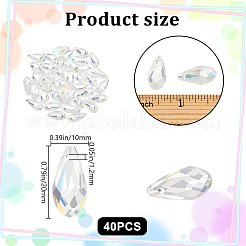 40個の透明なガラスビーズ  多面カット  トップ掘削  ティアドロップ  クリアAB  20x9.5~10mm  穴：1.2mm&nbsp;GLAA-BBC0001-07B-02