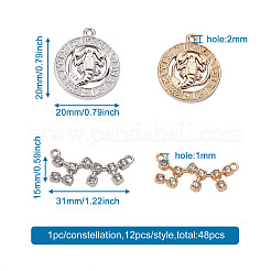 4セット4スタイルの亜鉛合金ジュエリーペンダント  {12}個の星座と{12}個の星座を持つフラットラウンド  プラチナ＆ライトゴールド  ミックスカラー  1セット/スタイル  48pc  12個/セット&nbsp;FIND-CD0001-09