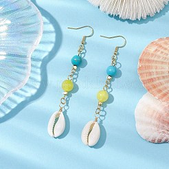 女性用タカラガイと合成ターコイズと天然マシャン翡翠のダングルイヤリング  貝殻  87x13mm&nbsp;EJEW-JE05814