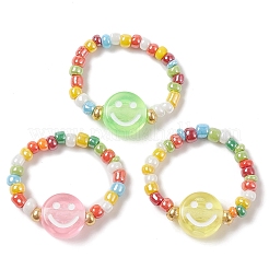 グラスシード＆アクリルスマイルビーズストレッチリング  ミックスカラー  内径：17~18mm&nbsp;RJEW-JR00575