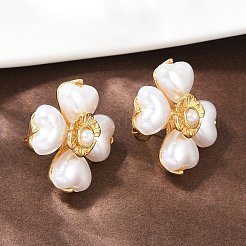 304ステンレススチールフラワースタッドピアス  プラスチック模造パールと  18KGP本金メッキ  27.5x27.5mm&nbsp;EJEW-A138-09G