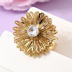 201ステンレススチール製パヴェシングルキュービックジルコニア付き調節可能なカフリング（女性用）  花  ゴールドカラー  23x23mm  内径：18mm&nbsp;RJEW-K318-02E-G