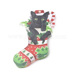 クリスマス猫の形のアクリルペンダント装飾  ナイロンロープと鉄のベル付き  車のバックミラー吊り飾り用  クリスマスソックス  79x44.5x4mm  穴：2.4mm&nbsp;HJEW-E007-01G-05