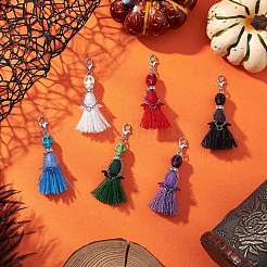 ハロウィン染め合成ターコイズスカル＆アクリルフラワーポリコットンタッセルペンダントデコレーション6個6色  合金製カニカン付き  プラチナ  ミックスカラー  60~61mm  1pc /カラー&nbsp;HJEW-JM03900