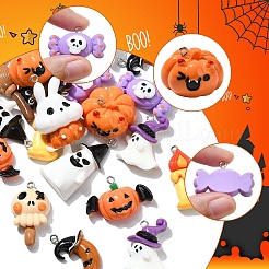 ハロウィーンテーマの不透明樹脂ペンダント20個、10スタイル  プラチナトーンの鉄ループ付き  混合図形  ミックスカラー  17~36.5x18~35x5~27mm  穴：1.5~2mm  2個/スタイル&nbsp;RESI-YW0001-86