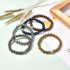 男性女性のための合成ヘマタイトブレスレット  合金仏頭ストレッチブレスレット  ミックスカラー  内径：2-3/8インチ（6cm）&nbsp;BJEW-JB06698