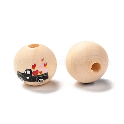 プリントウッドヨーロピアンビーズ  大穴ビーズ  車とハートの模様で丸い  ブラック  16x15mm  穴：4mm&nbsp;WOOD-F011-08A