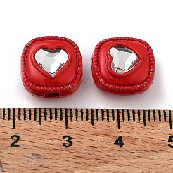 スプレー塗装された合金ビード  ガラスと  ハートの正方形  クリムゾン  12x12x7.5mm  穴：2.5mm&nbsp;PALLOY-H134-30