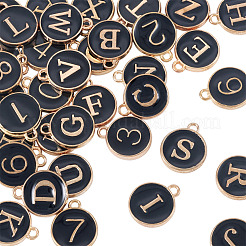 36個 36スタイルの文字a〜zと数字0~9の合金エナメルチャーム  フラットラウンドのチャーム  ブラック  14~14.5x12x2~2.5mm  穴：1.4~1.5mm  1個/スタイル&nbsp;ENAM-TA0003-11A