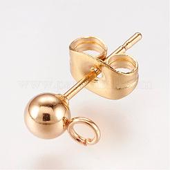304ステンレススチールスタッドピアス金具  ピアスキャッチとカン付き  24KGP本金メッキ  15x7mm  穴：1.7mm  ボール：4mm  ピン：0.8mm&nbsp;STAS-P148-07G