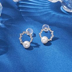 ナチュラルパールイヤースタッズ  スターリングシルバーのマイクロパヴェクリアキュービックジルコニアの留め具付き  ラウンド  プラチナ  13x12mm&nbsp;EJEW-P286-31P