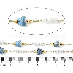 10m イオンプレーティング(IP) 304 ステンレススチール & ABS プラスチックパールビーズ & バタフライガラスリンクチェーン  ハンダ付け  スプールで  18KGP本金メッキ  スチールブルー  蝶：6.5x7.5x5mm  ビーズ：4x3.5mm  約32.81フィート（10m）/ロール&nbsp;CHS-G035-04G-07