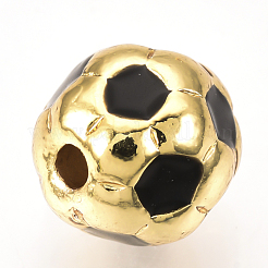 真鍮製エナメルビーズ  カドミウムフリー＆鉛フリー  サッカー/サッカーボール  ブラック  ゴールドカラー  10mm  穴：1.5mm&nbsp;KK-Q738-10mm-02G