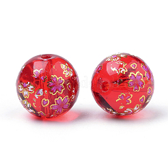 プリントガラスビーズ  花模様の丸  レッド  11~12x11mm  穴：1.5mm&nbsp;GFB-Q001-12mm-E07