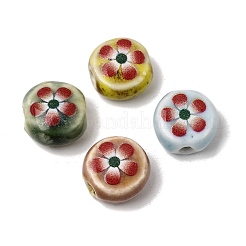 フラットラウンドい手作りの花柄磁器ビーズ  赤い五弁の花柄がプリントされたヴィンテージセラミックビーズ  ミックスカラー  11~12x7mm&nbsp;PR-CBA03B0-02