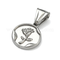 304ステンレスペンダント  バラの花のメダリオンチャームが付いたフラットラウンド  ステンレス鋼色  18x15x2mm  穴：4x9mm&nbsp;STAS-D225-13P