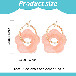6ペア6色のかわいいアクリルフラワーダングルフープピアス  女性用ライトゴールド合金ジュエリー  ミックスカラー  35~36mm  ピン：0.7mm  1ペア/カラー&nbsp;EJEW-AN0003-47