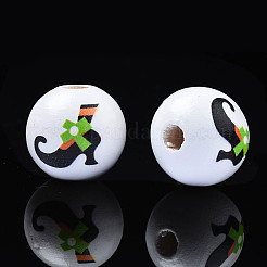 ハロウィンプリント天然木ビーズ  魔女の足で丸い  ライム  15.5x14.5mm  穴：4mm&nbsp;WOOD-S057-076