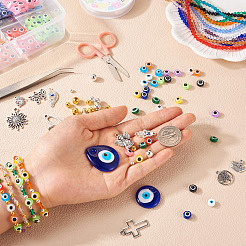 DIY イービルアイ ブレスレット メイキング キット  レジンフラットラウンド＆バイコーンガラスビーズを含む  ハート＆フラワー＆クロス＆バタフライ 合金ペンダント＆リンク  ティアドロップ ランプワーク ペンダント  はさみ  ピンセット  ミックスカラー&nbsp;DIY-TA0004-43