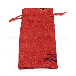 シルクポーチ  ドローストリングバッグ  梅の花柄の長方形  レッド  16.3x7.8x0.4cm&nbsp;ABAG-WH0032-10