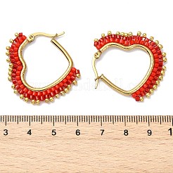 女性用ガラスシードフープピアス  ハート  201 ステンレススチールフープピアス  ゴールドカラー  ミックスカラー  32.5x30.5x2.5mm&nbsp;EJEW-MZ00797