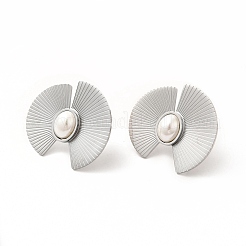 ファン 304 ステンレス スタッド イヤリング  女性用プラスチックイミテーションパールイヤリング  ステンレス鋼色  30.5x33mm  ピン：0.8mm&nbsp;EJEW-C017-08P